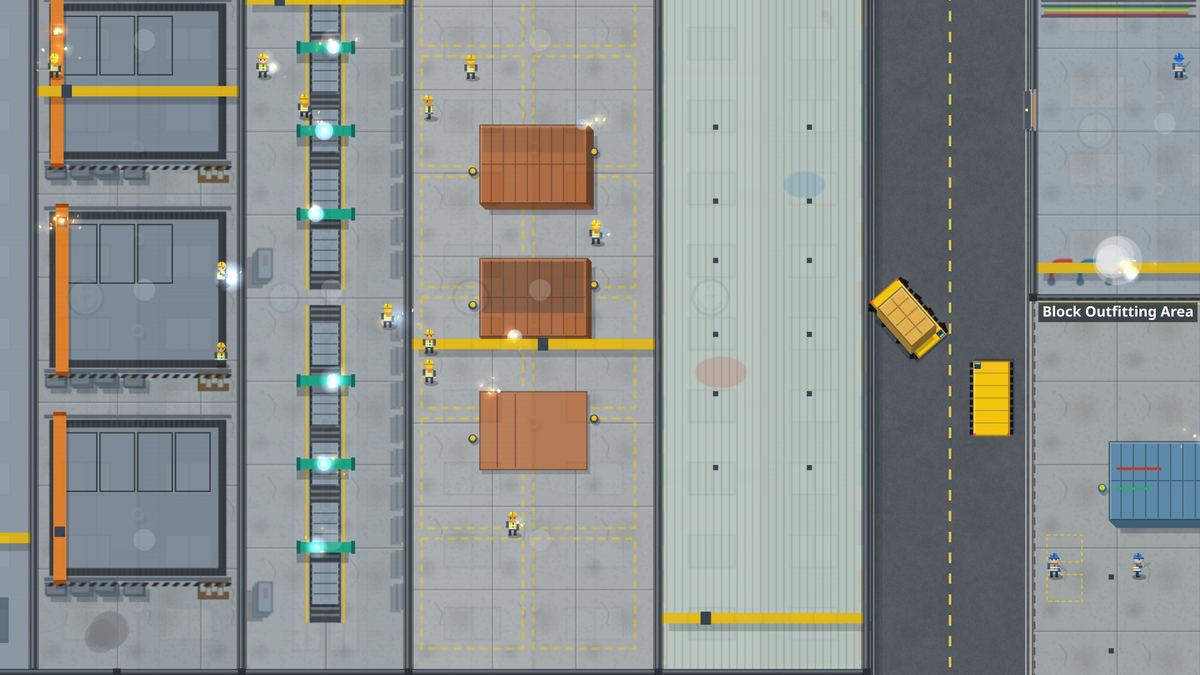 Block halls and outfitting area with workers and transporters